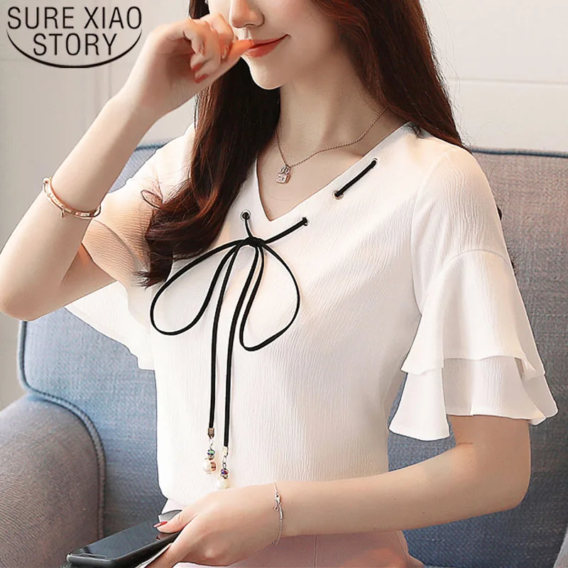 

Fashion women blouse and tops 2019 ladies tops white blouse shirts chiffon blouse bow shirts short sleeve V-Neck Solid 3912 50
