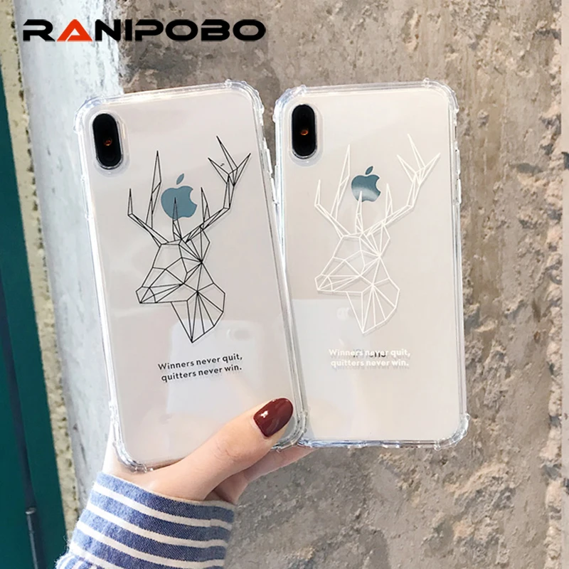 

Luxury line Transparent shockproof Case For iPhone 6 6S 7 8 Plus X XS Max Cute elk Soft TPU Clear Cover Couple Case Coque