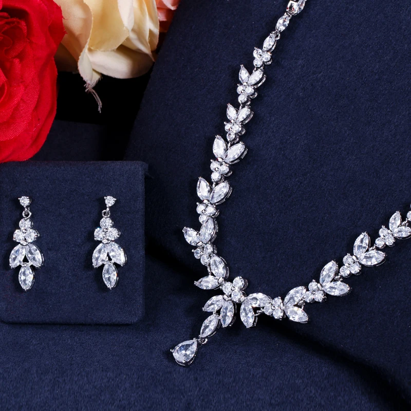 Brilliant Cubic Zircon Party Costume Necklace Earrings Wedding Bridal Jewelry Sets Dress Accessories T326