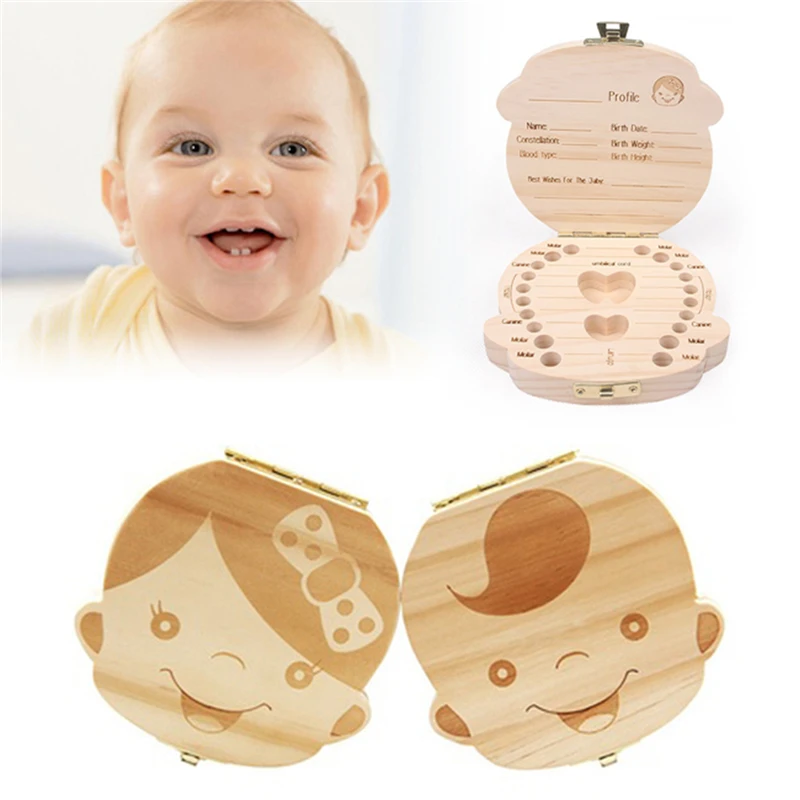 

Espanol English Baby Teeth Box Organizer Save Milk Teeth Wood Storage Box Great Gifts 3-6YEARS Creative For Kids Boy Girl Image