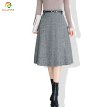 Зимние шерстяные юбки средней длины в клетку с высокой талией, серые, хаки, черные шерстяные юбки-пачки в английском стиле с поясом