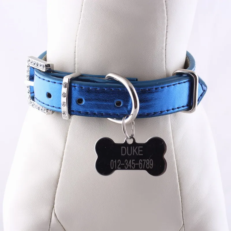 Retail Metallic PU Leather Dog Collar with Custom Bone ID Tag Free