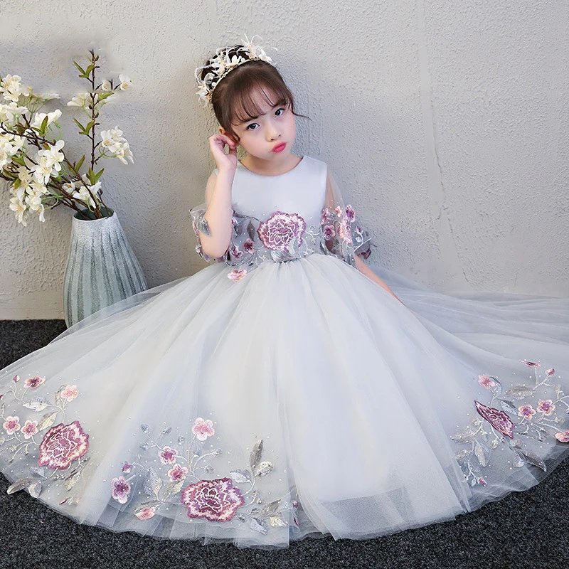 

Emrboidery Flower Girl Dresses Flare Sleeve Kids Pageant Dress for Birthday Evening Dress Ball Gown Princess Party Gowns K40