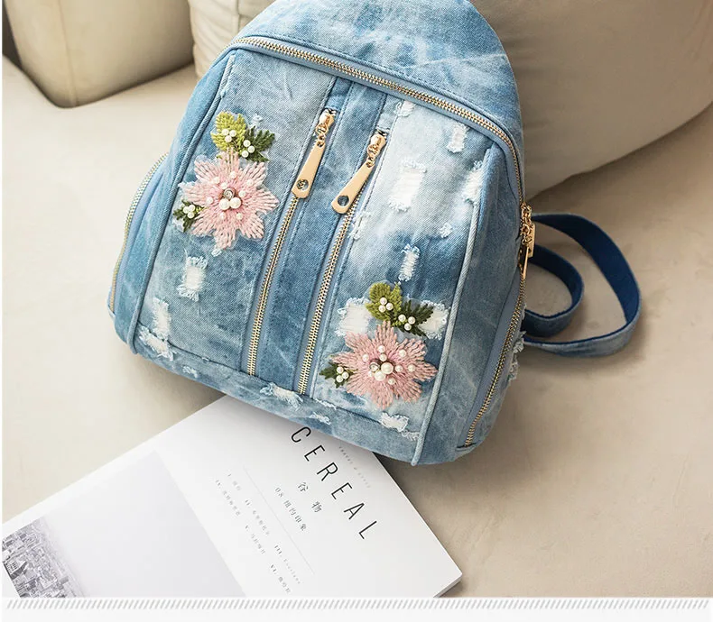 IPinee Модные женские рюкзаки для девочек с цветочной вышивкой, Джинсовые Сумки для подростков, школьная сумка, дорожная сумка, Женский ранец