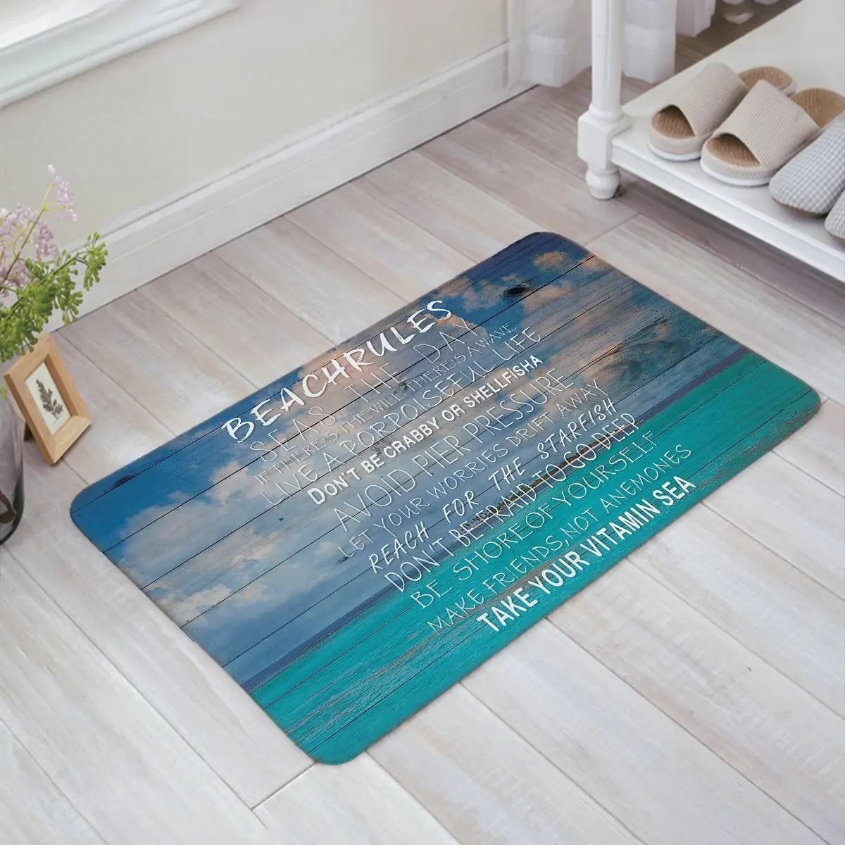 Beach Rules with Blue Sky and Green Sea Print Doormat Mat