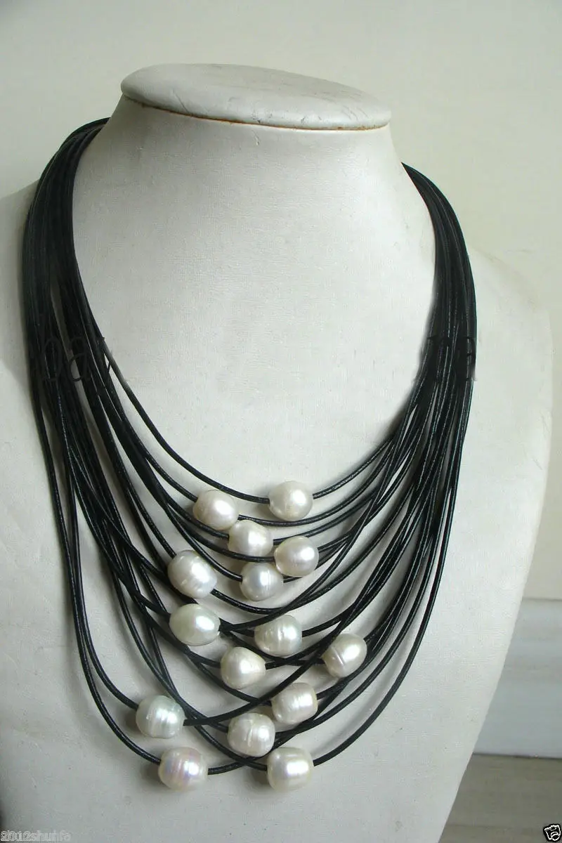 

shipping Multicolored Natural Choker 16" New 11-12mm White Baroque Freshwater Pearl Multi-Strand Black Leather Necklace