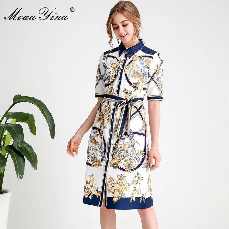 

MoaaYina Fashion Designer Runway dress Spring Summer Women Dress Short sleeve Floral-Print Lace-Up Dresses