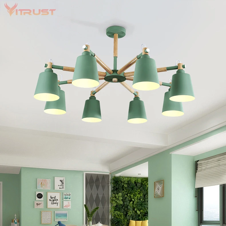 

E27 Nordic Chandelier With Iron Lampshade Wood LED Chandeliers 3/6/8 Lights Color Optional For Living Room Bedroom Hanging Light