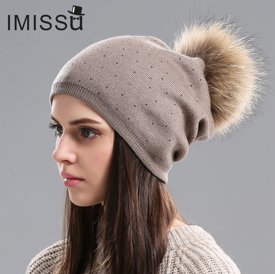 IMISSU Women Winter Hat Wool Knitted font b Beanies b font Cap Real Raccoon Fur Pompom