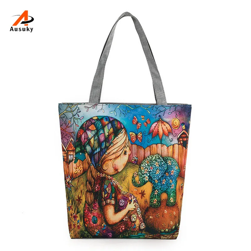 

New Women Tote Bags Girl Elephant Leaves Printed Canvas Handbag Shoulder Bag Daily Single Shoulder Handbag Female Beach Bag 40