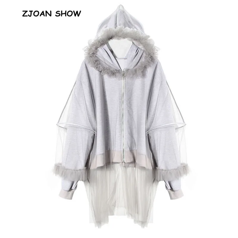 

New 2018 Women Gray Color Stiching Mesh Hooded Hoodies Sweatshirt Sexy Autumn Winter Zipper Fleece Jumper Casual Sweats Outwear