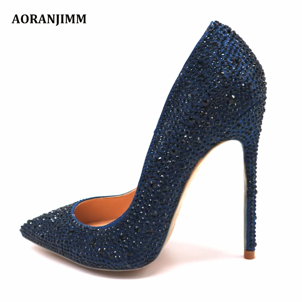 

Free shipping real pic dark blue navy crystal rhinestone pointed toe hot sale women lady evening party high heel shoes pump