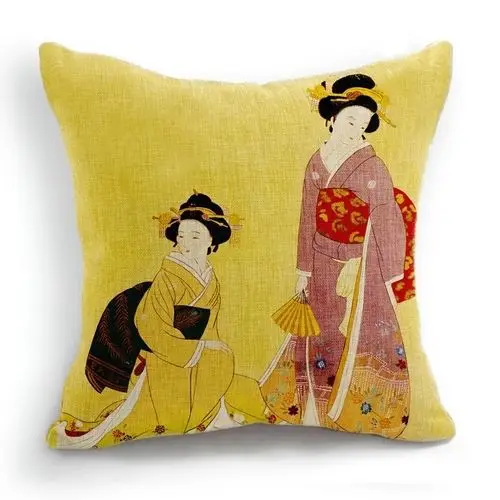 Japanese Cushion Covers Vintage Retro Style Two Japanese Woman Kimono