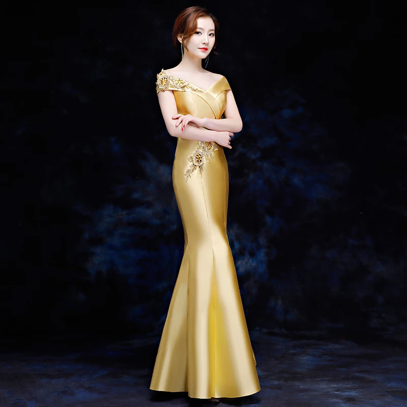 Elegant Women Mermaid Slim Qipao Sexy Off Shoulder Cheongsam Full Length Vestidos Female Evening Party Chinese Dress Size S-XXL