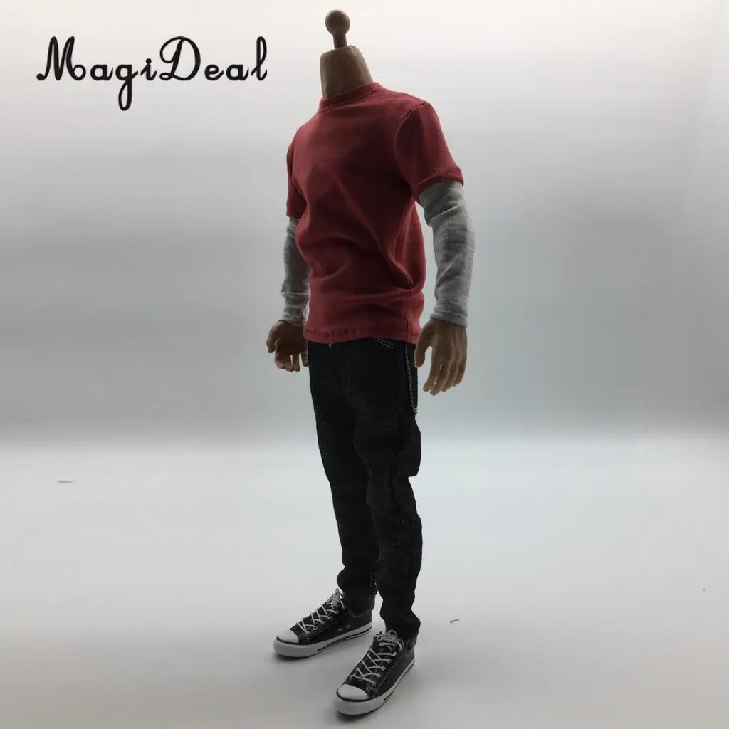MagiDeal Cloth 1/6 Scale Mens Clothes Dark Gray Long T-shirt Denim Jeans Canvas Shoes Set for 12 Inch Male Action Figures Body