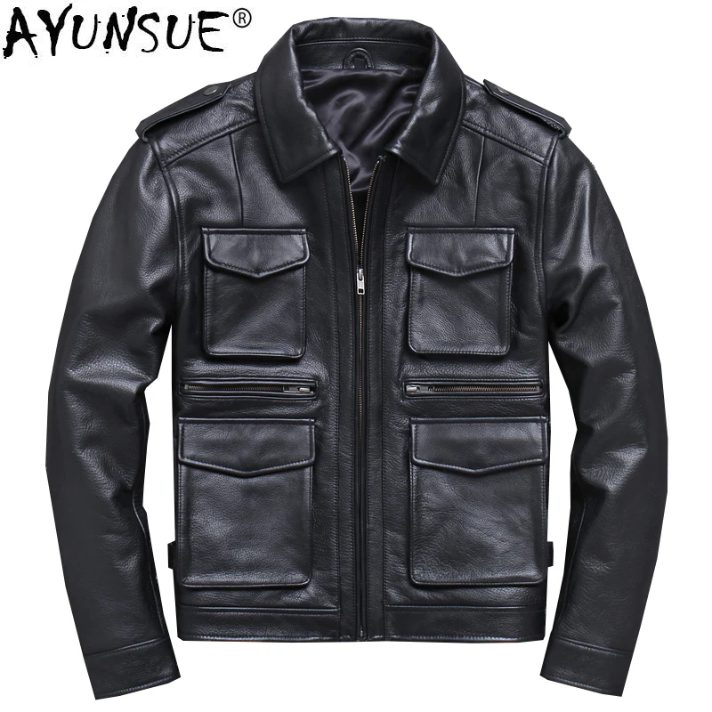 

AYUNSUE Genuine Cow Leather Jacket Men Plus Size Coat Spring Autumn Real Cowhide Leather Jacket Veste Cuir Homme HL765A-N KJ1926