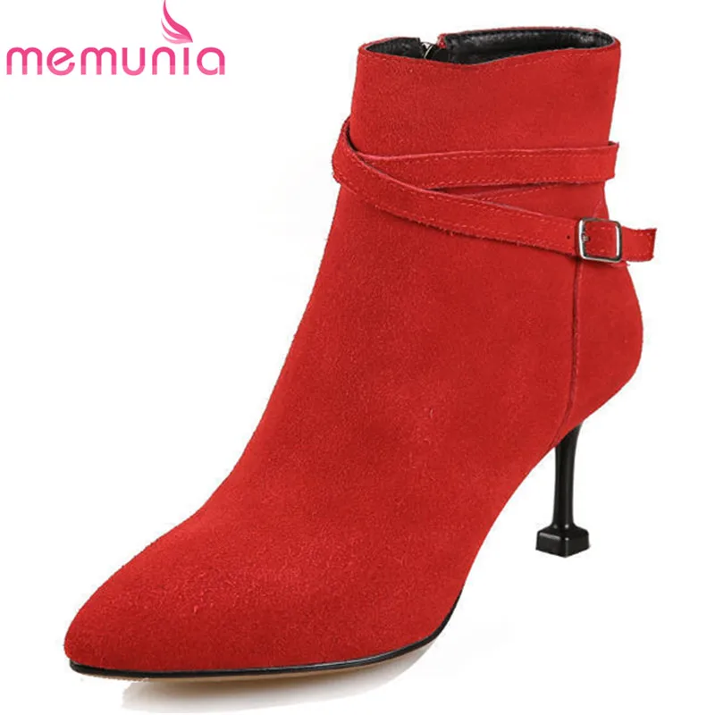 

MEMUNIA 2018 new arrival cow suede leather ankle boots for women zipper with buckle stiletto heels boots fashion prom shoes