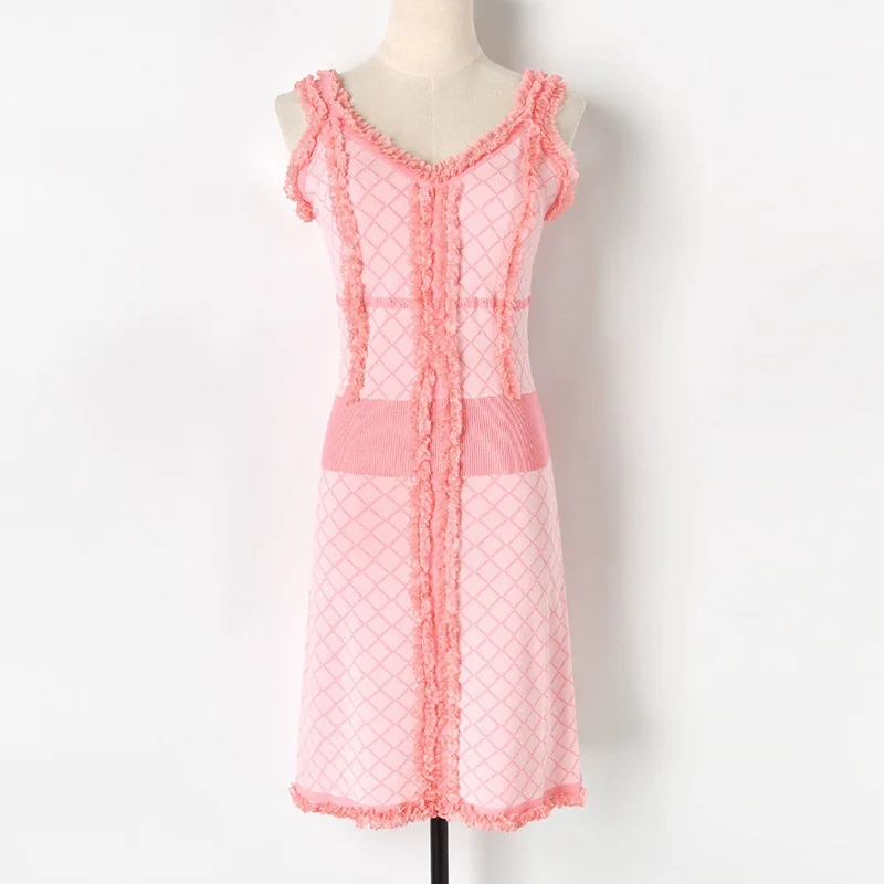 

Sexy 2019 Women Summer Spaghetti Strap Elegant Dress Plaid Female Knitted Korean Bohemian Pink Dress Vestidos de verano