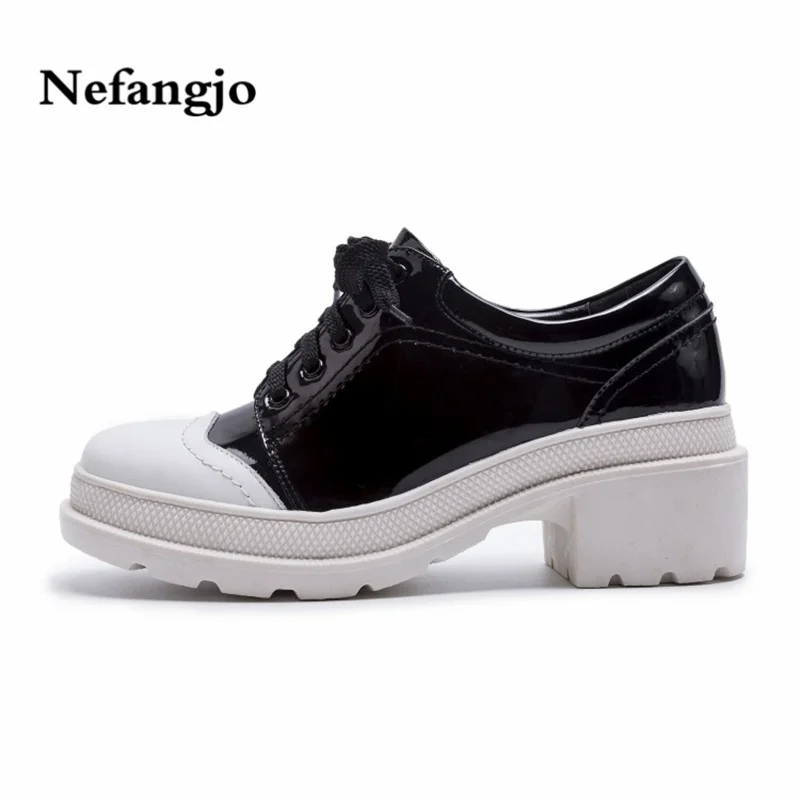 

Nefangjo New womens pumps genuine leather lerther shoes women casual fashion women loafers squaer heel women skatesboarding shoe