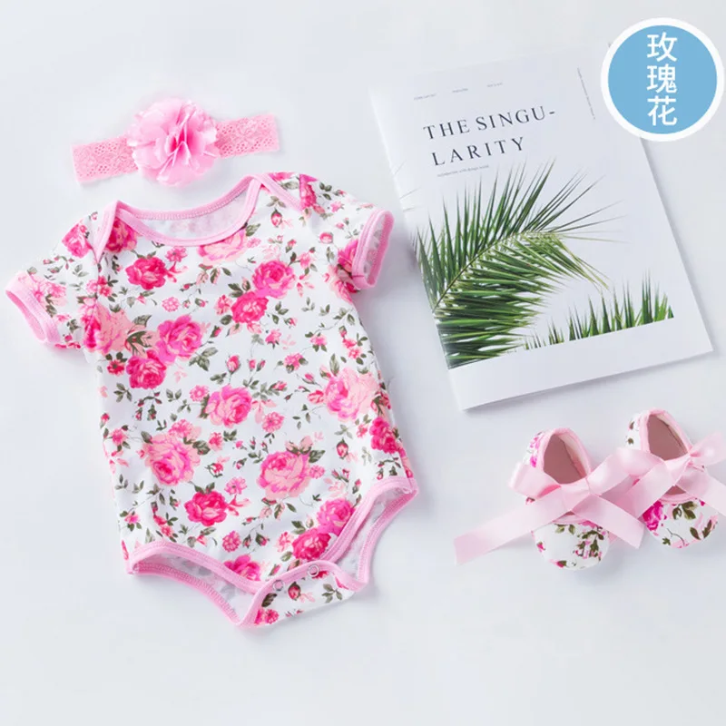 3pcs Set Newborn Baby Girls Summer Floral Rompers +headhand Shoes 3 6 12 18 24 Month Baby Girls Flower Jumpsuit Clothes Outfits baby clothing set essentials Baby Clothing Set