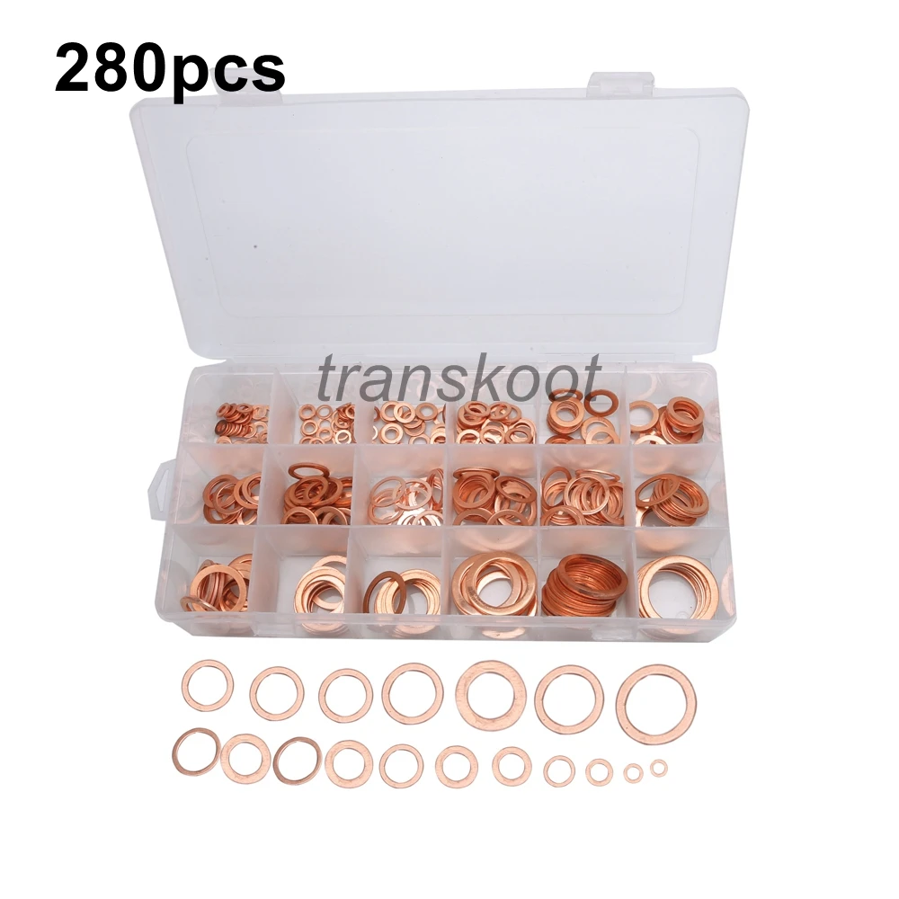 

280pcs/set Assortment Red Solid Copper Washer Sealing Ring Copper Gasket Set with Case 12 Sizes