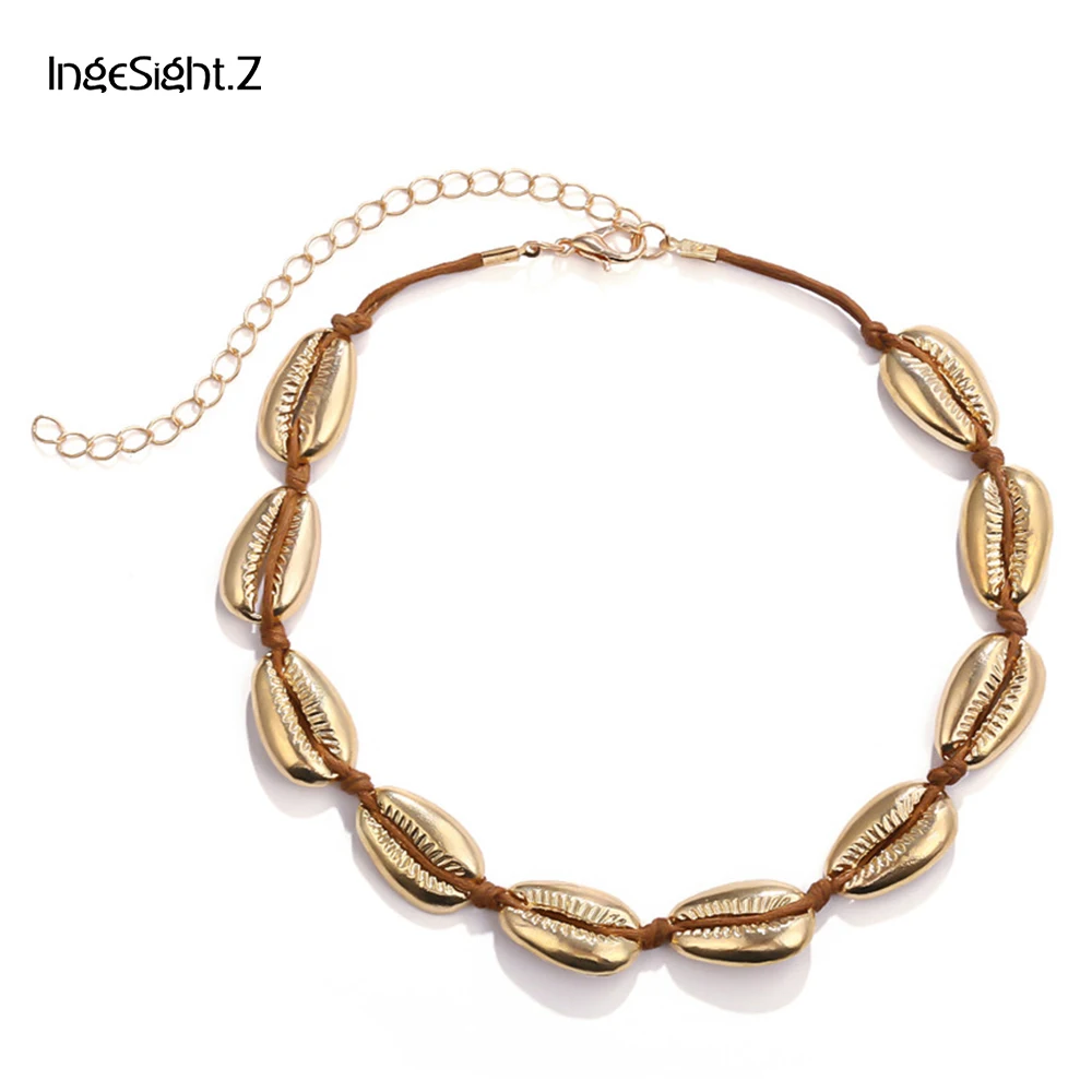 

IngeSight.Z Creative Boho Metallic Shell Choker Necklace Simple Adjustable Necklace Collar for Women Jewelry Beach Handmade Gift