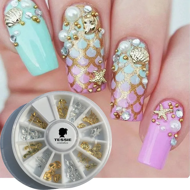 36pcs Metal Mermaid Sea Horse Shell Nail Studs Gold Silver Starfish 36pcs Metal Mermaid Sea Horse Shell Nail Studs Gold Silver Starfish Art Decoration Box