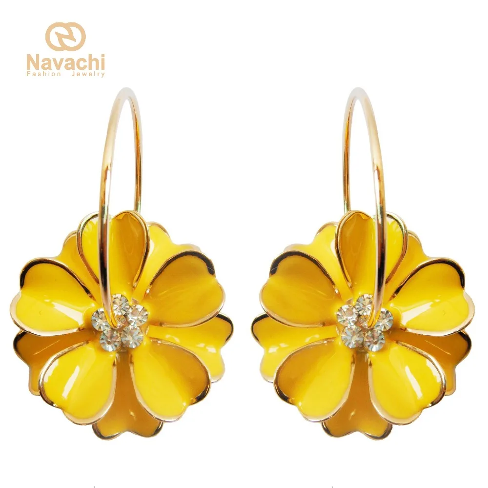 

Navachi Yellow Enamel Flower Yellow Clear Crystal Rhinestone Hoop Hook Free Shipping Dangle Earrings SMT2817