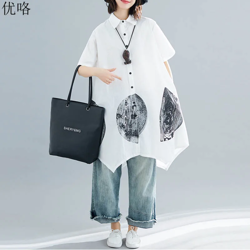 

Oversize Blouse Women Loose Batwing Long White Shirt Plus Size Art Print Tunic Tops Big Office Tops For Lady 4XL 5XL 6XL 2019