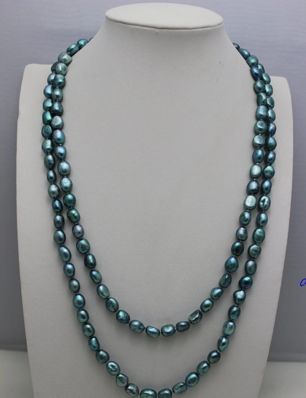 

freshwater pearl long necklace Green-Blue baroque 8x10mm 48" Alloy "handmade