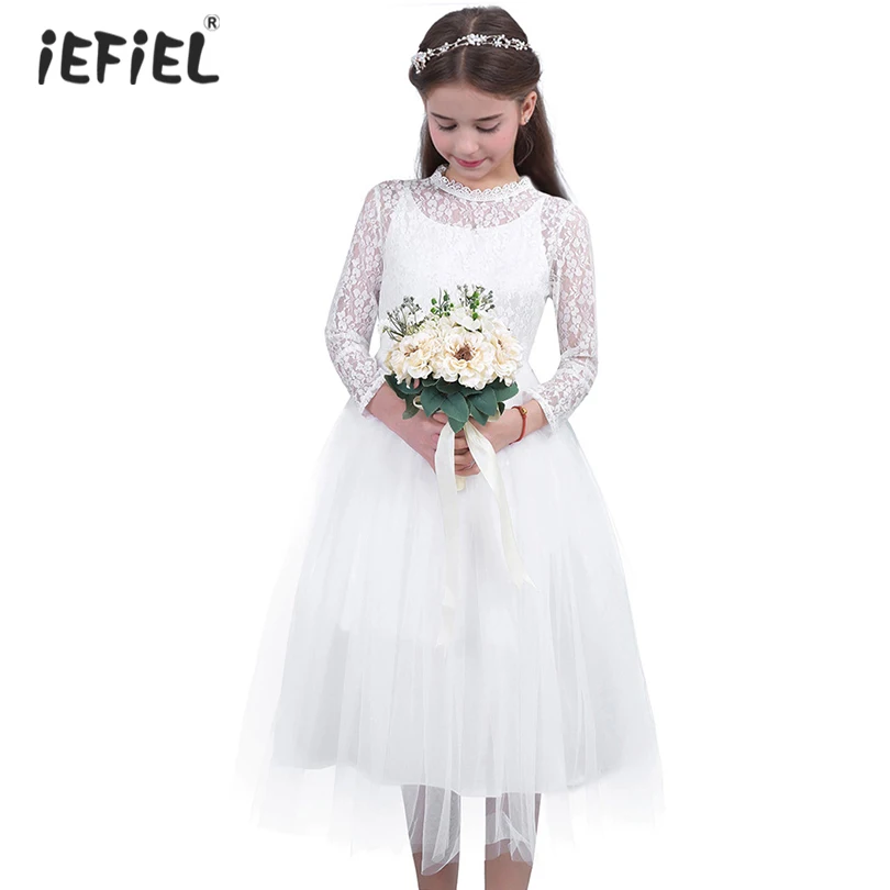 

Cute White Lace Flower Girl Dress With Long Sleeves for Weddings Children Prom Gown Girls Princess First Communion Party Dresses