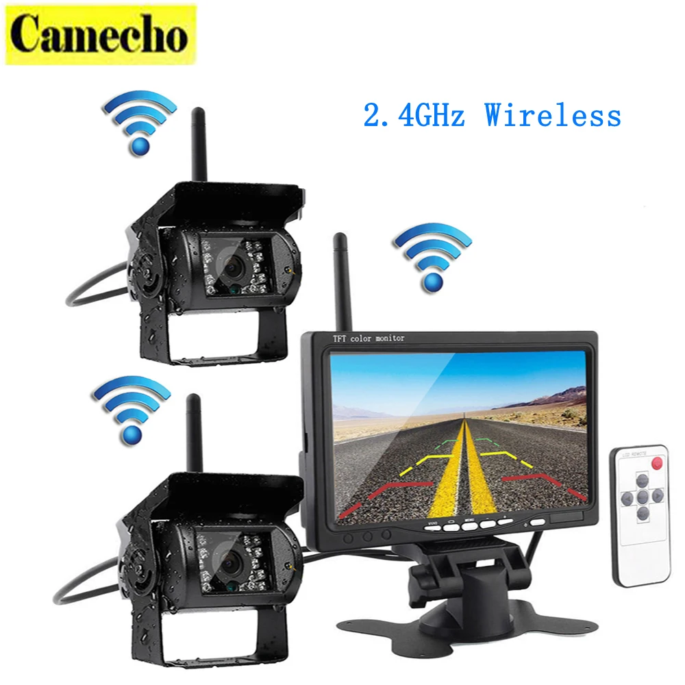 Wireless Vehicle Car 2 Backup Cameras Monitor, Ir Night Vision Rear View Camera + 7