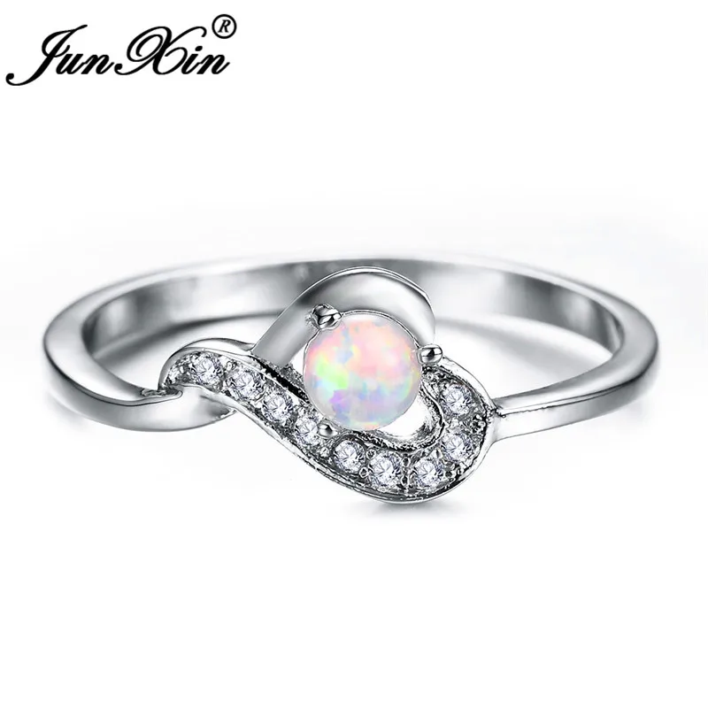 JUNXIN 925 Sterling Silver Filled Heart Rings For Women Round Small Stone White Fire Opal Birthstone Ring Inlay Zircon Jewelry
