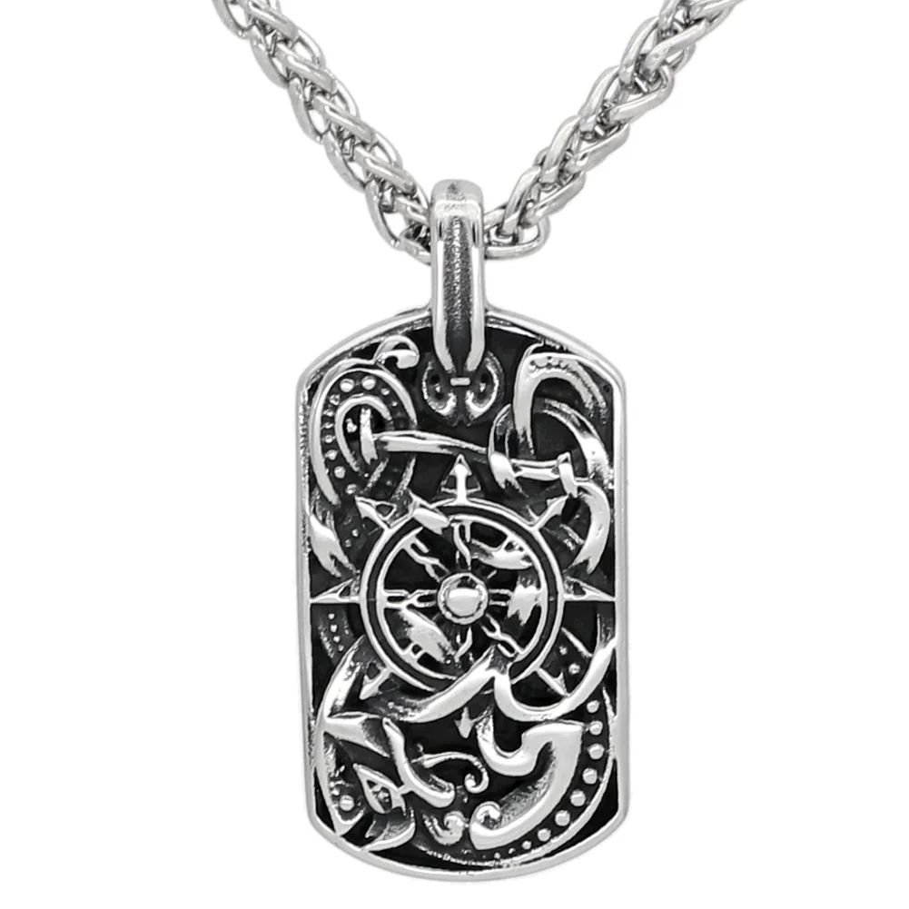 

Men stainless steel viking odin's wolf amulet compass dog tag pendant necklace with viking figt bag