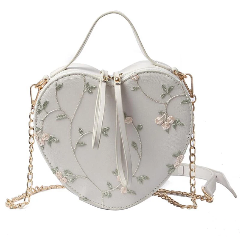 Ins Hot sale Floral Embroidery Handbag Purse Shoulder Bag Heart Shaped Leather Chain Messenger ...