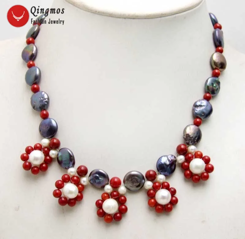 

Qingmos Natural Pearl Pendant Necklace for Women with Red Flower & 12-13mm Black Coin Round Pearl Necklace Chokers Jewelry n6230