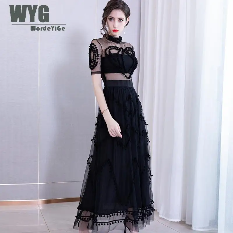 

Italy Fashion Brand Elegant Black Long Dress 2019 Summer Hot Sale Heart Balls Decoration Short Sleeve See Through Mesh Dresses