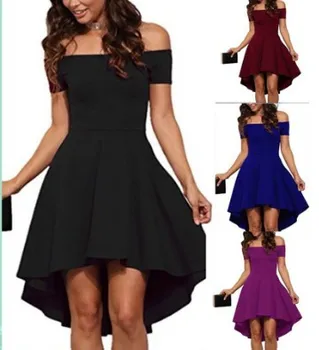 

2019 new summer dress with a word shoulder short sleeve large swing swallowtail