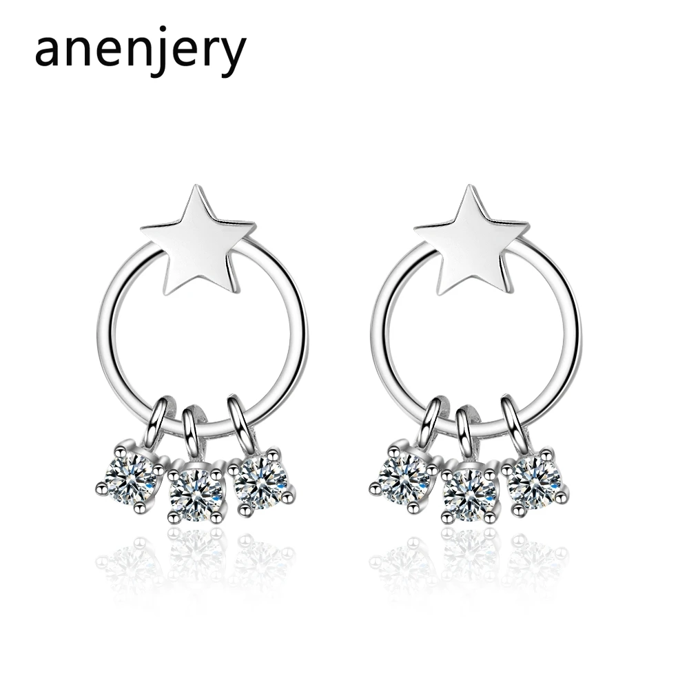 

anenjery Simple 925 Sterling Silver Circle Star Zircon Tassel Earring brincos oorbellen S-E812