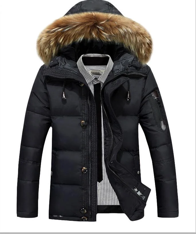 Мужское зимнее теплое пальто Battlefield, 90% белый утиный пух, одноцветная теплая куртка, пальто, повседневный мужской пуховик с натуральным мехом - Цвет: Черный