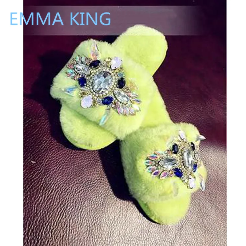 

2019 Handmade Luxury Crystal Women Fur Slippers Open Toe Slip On Casual Ladies Flats Shoes Woman Spring Summer Runway Slippers