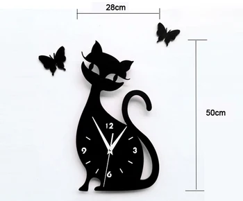 

New Fashion 38x21cm 3d Acrylic Kitten Black Cat Butterfly large Wall clock modern design home decor decorative diy wall clocks