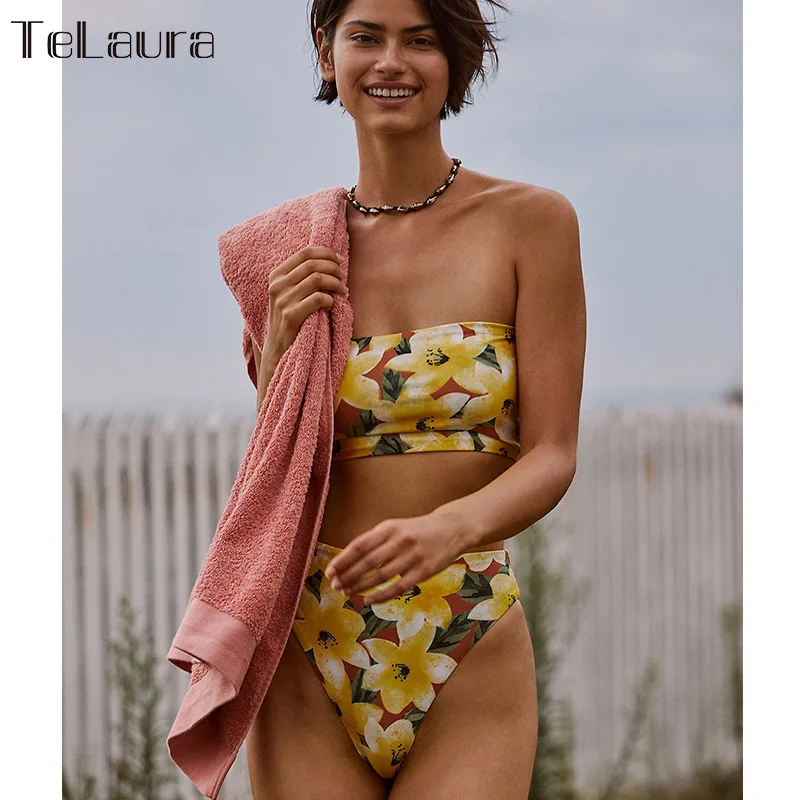 

New Sexy High Waist Bikini 2019 Swimwear Women Push Up Swimsuit Print Floral Biquini Bandeau Bikinis Bathing Suit Beach Wear