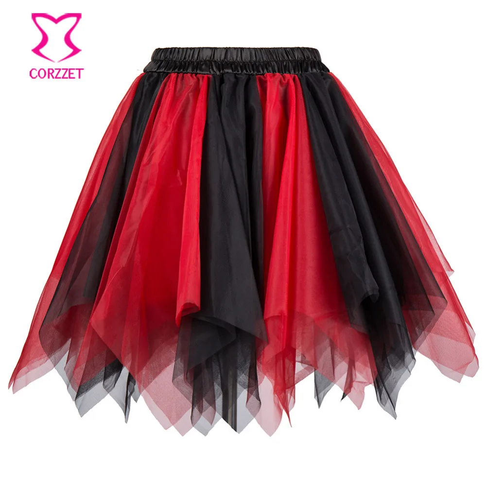 

Красно-черная многослойная Асимметричная Тюлевая мини-юбка, сексуальная подъюбник, пушистая подъюбка, корсет, юбки-пачки для женщин, танцевальная клубная одежда