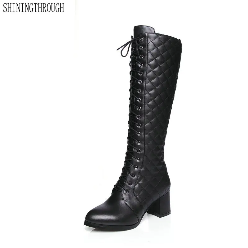 

Women knee high Boots lace up high Heels Shoes Woman Genuine Leather Punk Motorcycle Boots spring autumn casual shoes