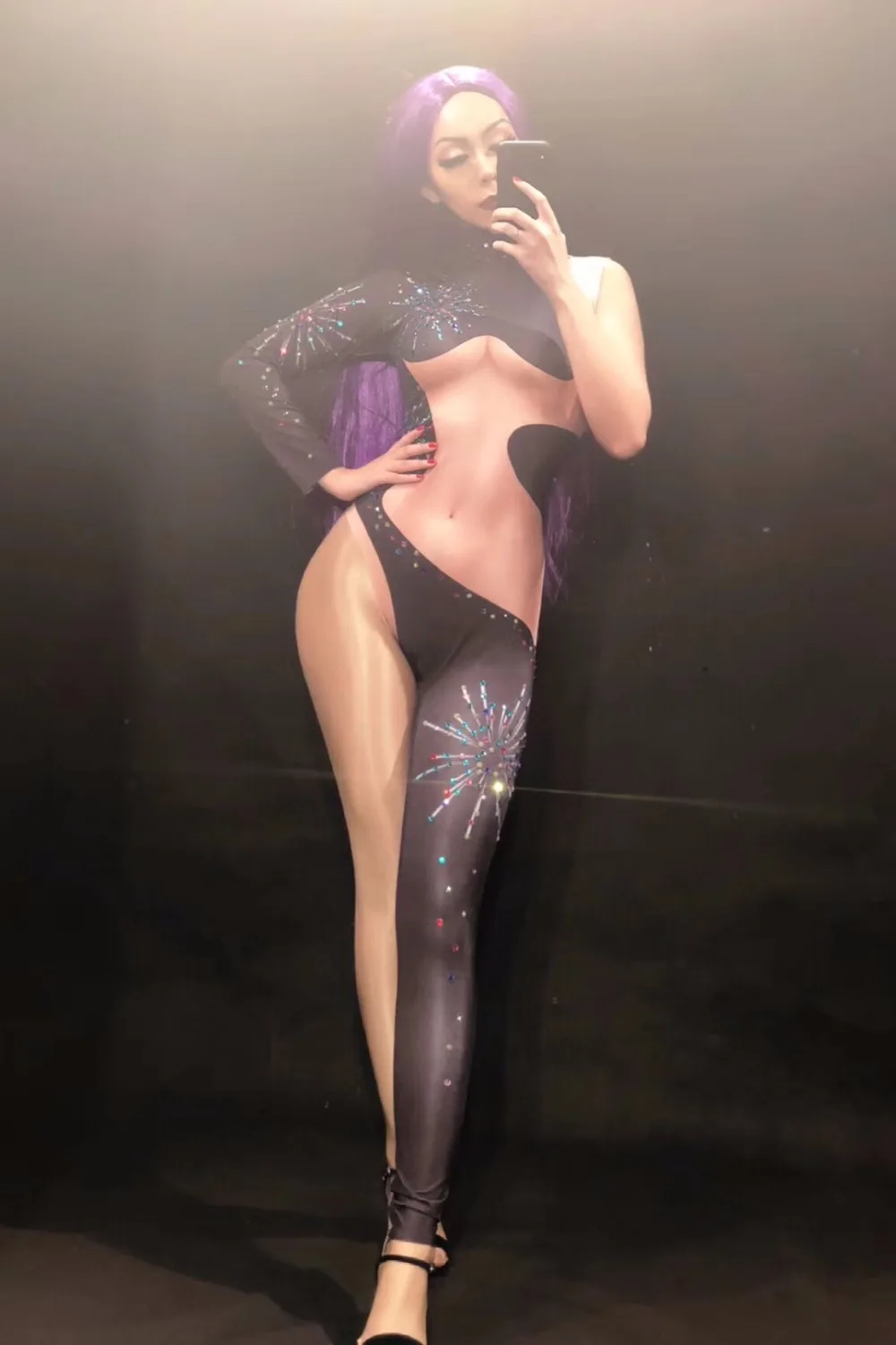 Горячие сексуальные костюмы женский комбинезон Цвет сверкающие кристаллы один рукав брюки ноги сцена для ночного клуба одежда боди