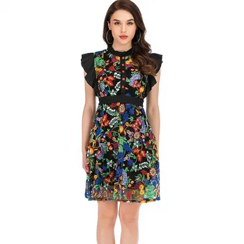 

New arrival Runway Luxury Mesh Embroidery A-Line Women Dress Summer Floral Patchwork Tulle Party Dress Vintage Dresses Vestidos