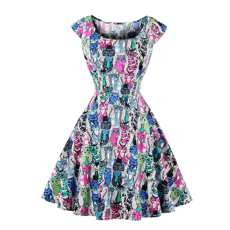 

HeyGalSing Plus Size 4XL Autumn Vintage Women Dress Cat Pattern Print Party Vestidos Cap Sleeves Swing Retro Casual Dress