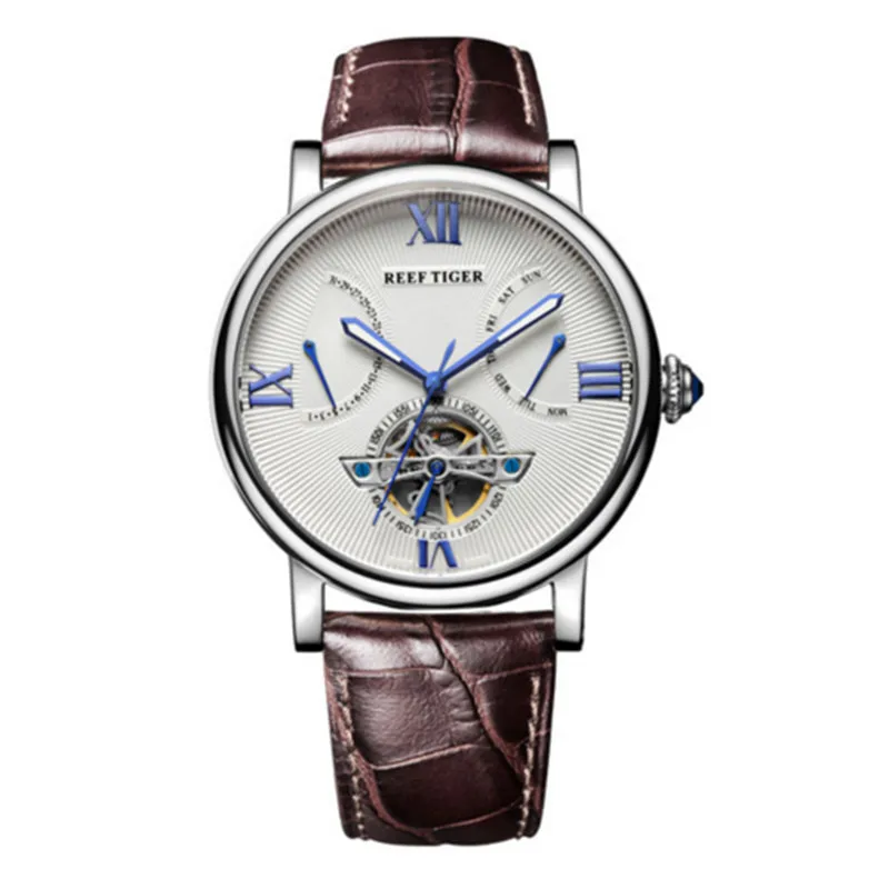 Reef Tiger бренд Tourbillon дизайнерские часы качество швейцарская телячья кожа часы для мужчин водонепроницаемые relogio masculino - Цвет: brown silver white