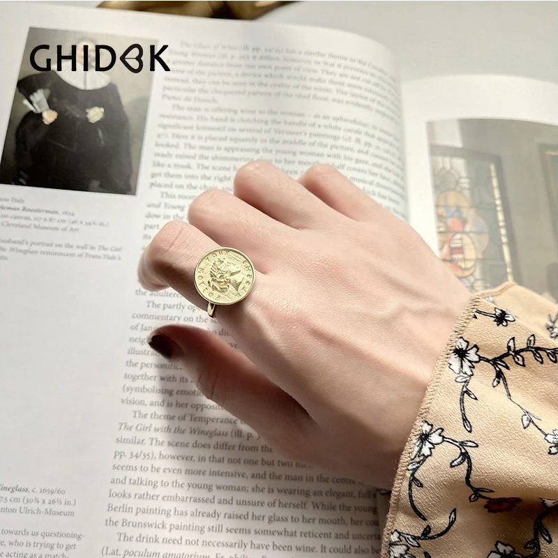 

GHIDBK 100% 925 Sterling Silver Coin Disc Protrait Rings For Women Anillos Delicate Stack Rings Statement Layered Rings Jewelry